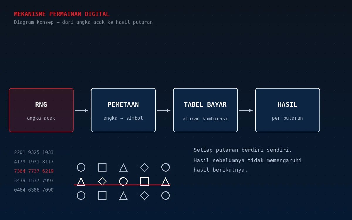 Diagram alur slot digital: RNG menghasilkan angka acak, angka dipetakan ke simbol, tabel bayar diperiksa, hasil per putaran ditampilkan