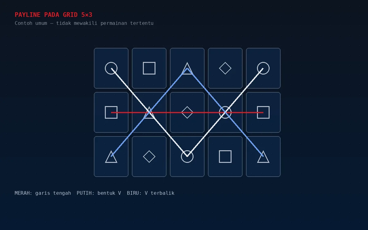 Grid slot 5×3 dengan tiga contoh payline: garis tengah, bentuk V dan V terbalik