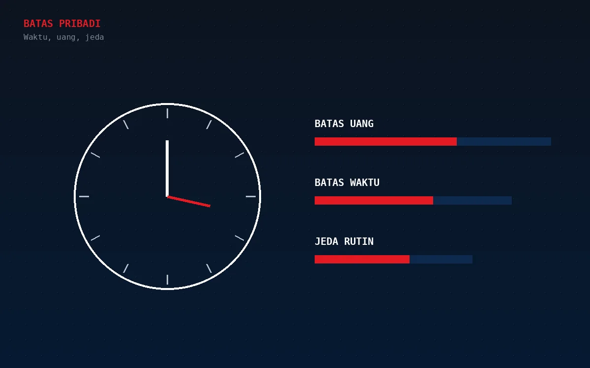 Jam analog dan tiga batang batas: batas uang, batas waktu dan jeda rutin